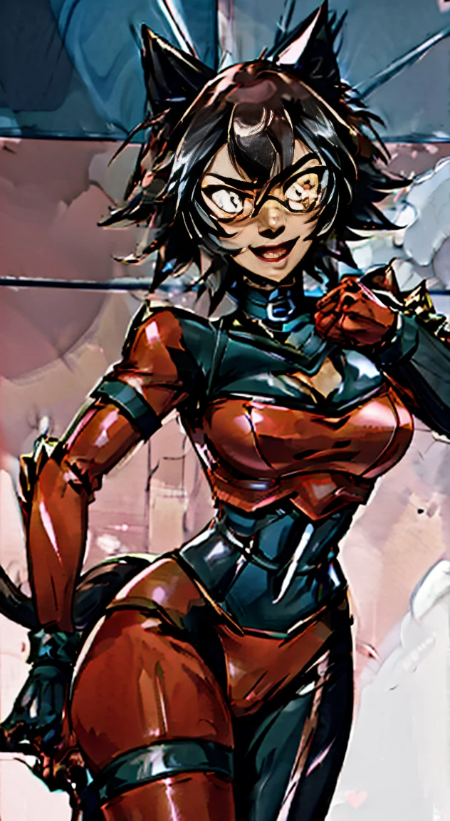 (Best quality, 4k, 8k, Ultra HD, High resolution, masterpiece:1.2), Catra as Mettaton, full spandex/latex attire (reds and blacks), neon lights, flawless makeup, happy singing pose, cat ears, fierce expression, long hair, simple greyscale background, sleek design, captivating stage presence, captivating red lipstick, confident stance, fashion model, anime glasses, anime tinted red shades, black latex pants, black latex corset, holding a large stage microphone, performance microphone, black microphone, singing stance, extremely tight corset, red bow tie around neck, medium nougat-skin color, heart-shaped silver belt buckle, long slick cat tail, thick armored metal belt, heart on armored red chestplate, long hair, brown hair, heavily armored black cuirass, chest encased in armor, black turtleneck armored, wide hips, brown hair, thick flowing brown hair,black undersuit, white mascot gloves, cuffed gloves
