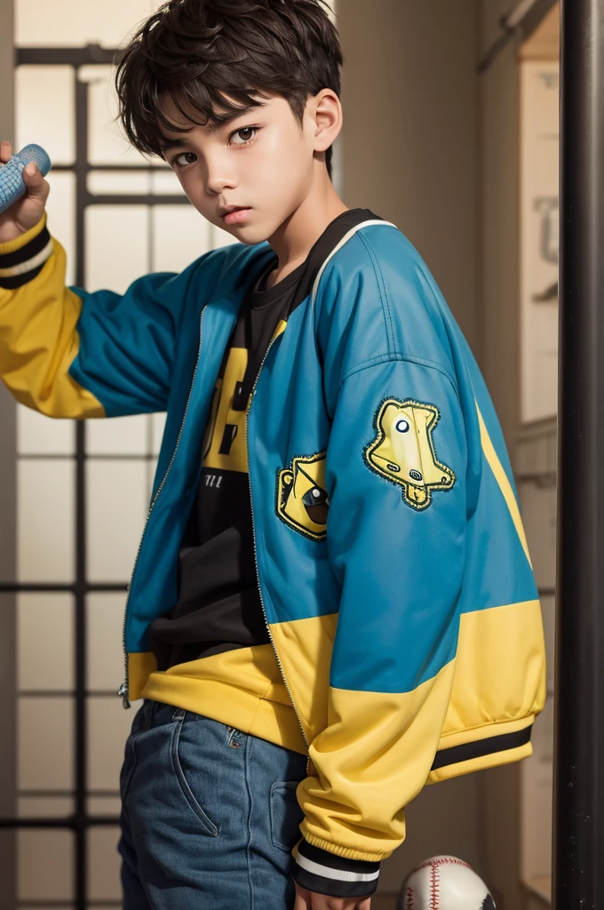 Boy in SpongeBob jacket holding baseball bat