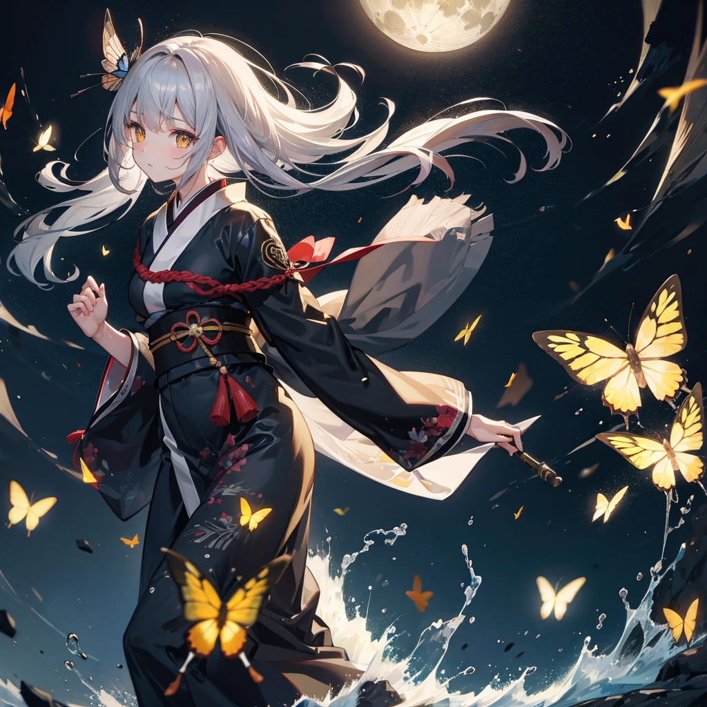 ((High resolution Gray Hair Long Hair Black kimono Black Band military commander Lonely despair)) ((Yellow butterfly night Japanese style old Shining Aura Japanese garden water surface)) (dance Blade of Darkness Japanese sword Slashing) moon star Draw your sword Slashing Catch the wind autumn