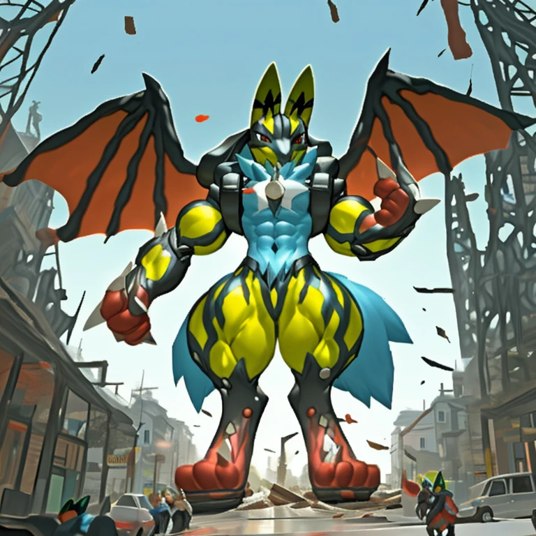 (Solo. masterpiece. official art. 8k. best quality. detailed full body. full body.)
(situation 1 : dominating Shiny_Mega_Lucario. Shiny_Mega_Lucario is over 1000 meters long. focus GIANT mechanical Muscular Shiny_Mega_Lucario is trampling the city. Looking down. macro. stomp. Low-angle perspective. emphasizing the immense size. He is much bigger than a skyscraper. Giga Giants. looking down. foot focus, (soles:1.2))
(situation 2 :smoke and flames rising from the destruction in the city)
(Additional details 1: wearing a full-face helmet. golden armor. high-tech bio-mecha armor. real texture material. whole body shines like metal. emphasizes the muscles. suit fully made of metal. intricate armor. Robotic suit. suit fully made of metal.).
(Additional details 2: (Detailed head. Detailed Body. Detailed abs. gigantic muscles. HYPER MUSCLES. Gigachad Muscular. big muscle. pecs. triceps. traps. unusually developed muscular body. body full of huge muscles. showing off muscles. pectorales enormes. Exaggeratedly huge muscles. huge muscles. long legs. abs.).
(Additional details 3: Spread wings. It has wings. have big wings. The claws are sharp. Sharp teeth.).