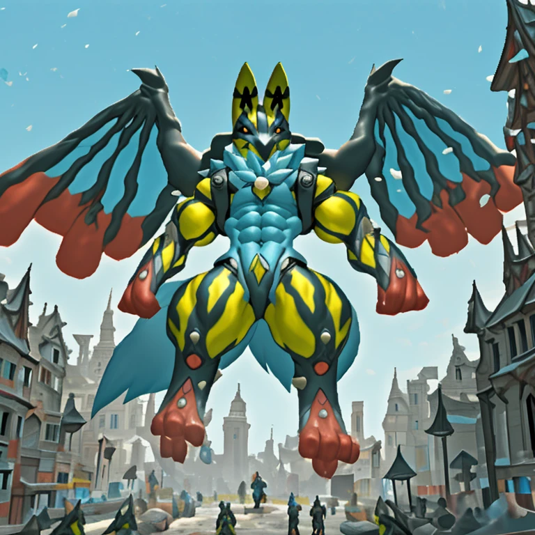 (Solo. masterpiece. official art. 8k. best quality. detailed full body. full body.)
(situation 1 : dominating Shiny_Mega_Lucario. Shiny_Mega_Lucario is over 1000 meters long. focus GIANT mechanical Muscular Shiny_Mega_Lucario is trampling the city. Looking down. macro. stomp. Low-angle perspective. emphasizing the immense size. He is much bigger than a skyscraper. Giga Giants. looking down. foot focus, (soles:1.2))
(situation 2 :smoke and flames rising from the destruction in the city)
(Additional details 1: wearing a full-face helmet. golden armor. high-tech bio-mecha armor. real texture material. whole body shines like metal. emphasizes the muscles. suit fully made of metal. intricate armor. Robotic suit. suit fully made of metal.).
(Additional details 2: (Detailed head. Detailed Body. Detailed abs. gigantic muscles. HYPER MUSCLES. Gigachad Muscular. big muscle. pecs. triceps. traps. unusually developed muscular body. body full of huge muscles. showing off muscles. pectorales enormes. Exaggeratedly huge muscles. huge muscles. long legs. abs.).
(Additional details 3: Spread wings. It has wings. have big wings. The claws are sharp. Sharp teeth.).