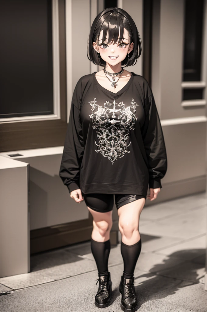 (Masterpiece) (High Detail) (High Res) (white Skin) (アニメ) (Full body picture) beautiful young, gigante breasts, Gothic style, black sweatshirt, black shorts black clothes, bruncos, cross necklace, Grinning, looking from the front, black short hair