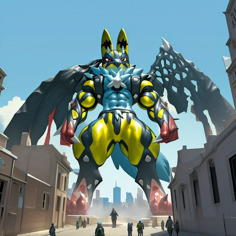 (Solo. masterpiece. official art. 8k. best quality. detailed full body. full body.)
(situation 1 : dominating Shiny_Mega_Lucario. Shiny_Mega_Lucario is over 1000 meters long. focus GIANT mechanical Muscular Shiny_Mega_Lucario is trampling the city. Looking down. macro. stomp. Low-angle perspective. emphasizing the immense size. He is much bigger than a skyscraper. Giga Giants. looking down. foot focus, (soles:1.2))
(situation 2 :smoke and flames rising from the destruction in the city)
(Additional details 1: wearing a full-face helmet. golden armor. high-tech bio-mecha armor. real texture material. whole body shines like metal. emphasizes the muscles. suit fully made of metal. intricate armor. Robotic suit. suit fully made of metal.).
(Additional details 2: (Detailed head. Detailed Body. Detailed abs. gigantic muscles. HYPER MUSCLES. Gigachad Muscular. big muscle. pecs. triceps. traps. unusually developed muscular body. body full of huge muscles. showing off muscles. pectorales enormes. Exaggeratedly huge muscles. huge muscles. long legs. abs.).
(Additional details 3: Spread wings. It has wings. have big wings. The claws are sharp. Sharp teeth.).