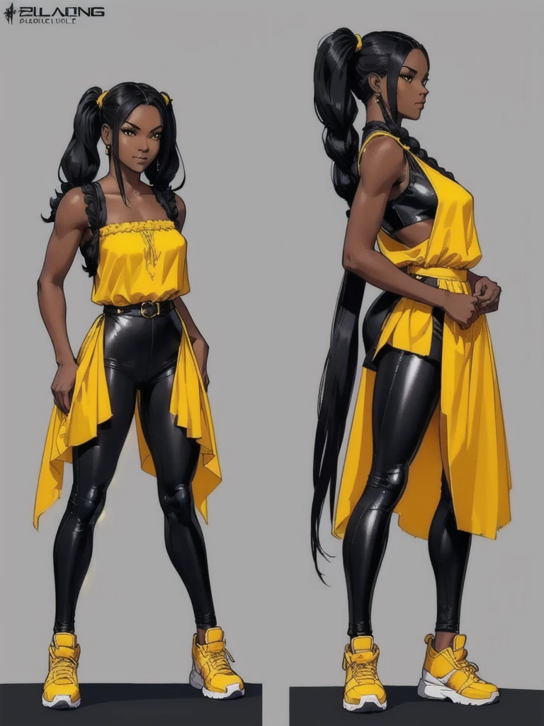 ((best quality)), ((4k)), ((highres)), ((masterpiece:1.2)). ((detailed)), ((ultra realistic)), ((intricate details)), ((full body picture)), ((character design sheet)), ((blank background)), ((standing in a blank background)), full body shot of a beautiful black female, ebony beauty, woman, 18 years old girl, dark brown skin, about 5'5 ft. tall, smirk on her face, ((smirking)), long curly black hair, ((long curly hair)), long hair, high pigtails, (((high pigtails)), dressed in a yellow sleeveless babydoll dress, ((EMPHASIS ON HER YELLOW SLEEVELESS BABYDOLL DRESS)), black leather belt on her waist, black SHINY leggings PANTS and sneakers, fighting game character design, tekken character design, the king of fighters character concept art, character concept art, full body, 18 years old female fighter, girly girl, cute girl, girly fighter character concept art