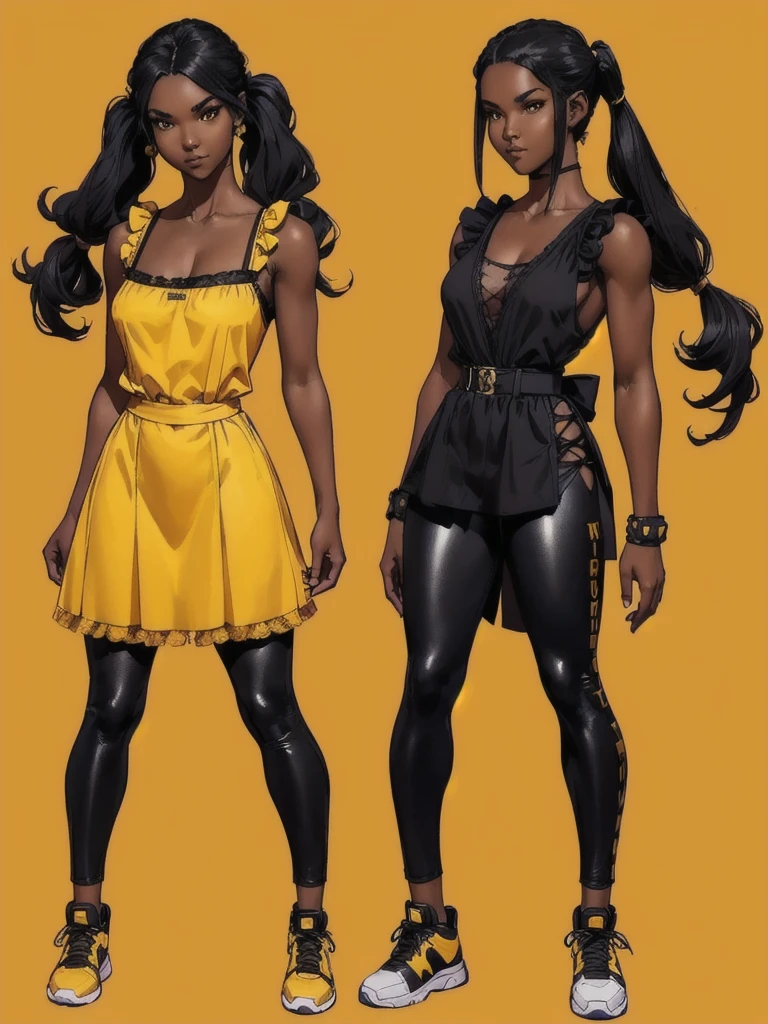 ((best quality)), ((4k)), ((highres)), ((masterpiece:1.2)). ((detailed)), ((ultra realistic)), ((intricate details)), ((full body picture)), ((character design sheet)), ((blank background)), ((standing in a blank background)), full body shot of a beautiful black female, ebony beauty, woman, 18 years old girl, dark brown skin, about 5'5 ft. tall, smirk on her face, ((smirking)), long curly black hair, ((long curly hair)), long hair, high pigtails, (((high pigtails)), dressed in a yellow sleeveless babydoll dress, ((EMPHASIS ON HER YELLOW SLEEVELESS BABYDOLL DRESS)), black leather belt on her waist, black SHINY leggings PANTS and sneakers, fighting game character design, tekken character design, the king of fighters character concept art, character concept art, full body, 18 years old female fighter, girly girl, cute girl, girly fighter character concept art