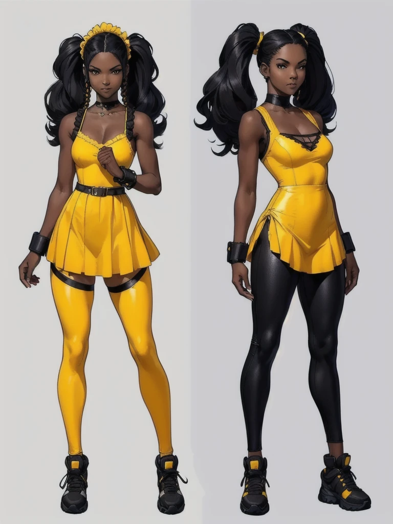 ((best quality)), ((4k)), ((highres)), ((masterpiece:1.2)). ((detailed)), ((ultra realistic)), ((intricate details)), ((full body picture)), ((character design sheet)), ((blank background)), ((standing in a blank background)), full body shot of a beautiful black female, ebony beauty, woman, 18 years old girl, dark brown skin, about 5'5 ft. tall, smirk on her face, ((smirking)), long curly black hair, ((long curly hair)), long hair, high pigtails, (((high pigtails)), dressed in a yellow sleeveless babydoll dress, ((EMPHASIS ON HER YELLOW SLEEVELESS BABYDOLL DRESS)), black leather belt on her waist, black SHINY leggings PANTS and sneakers, fighting game character design, tekken character design, the king of fighters character concept art, character concept art, full body, 18 years old female fighter, girly girl, cute girl, girly fighter character concept art