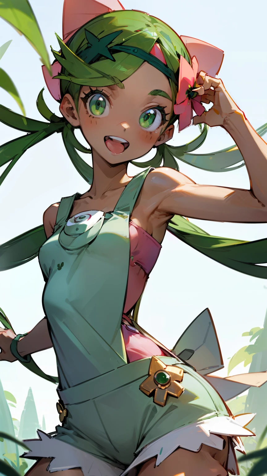 (Masterpiece), Best Quality, ultra-detailed, 1girl(zodiac_mallow  , lovely small breasts,  dark skin , green hair, long hair, twintails, headband, pink flower in hair, green eyes), smile, open mouth,  solo,  denim overalls, outdoor, forest, running 