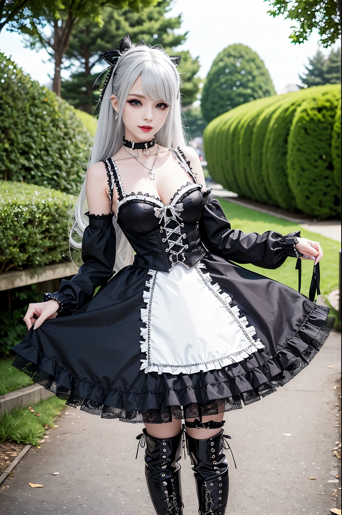 sexy stylish female model, only 1 female, ((doll-like appearance)), long colorful stylish hair, ((shiny Punk-Style boots)), (beautiful smile), ultra detailed eyes, Punk makeup, lipgloss, ((sexy Punk ta cosplay)), unconventional skirt, petticoats, high neckline, ((ultra detailed lace)), ((ultra detailed embroidery)), intricate details, tartan patterns, (silver chains), (silver spikes), (safety pins), Punk Loliccessoires, Punk Lolita cr, ((large sparkling Punk Lolita jewel, cinematic light, detailed large park background with trees