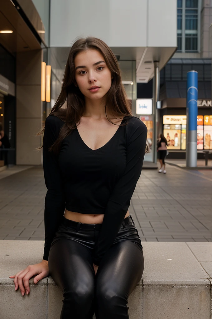 generate me a hyper-realistic image of an 18 year old girl of European and American descent with perfect, well lined eyes and brown eyes, with brown hair, beautiful delicate lips and a thin upturned nose, straight hair, a height of one meter and 60 centimeters, L bust details, and she is sitting outside a shopping mall in the center of the city and is wearing a tight fitting black leather pants and attached with a black polo shirt with a V-neck of simple design.