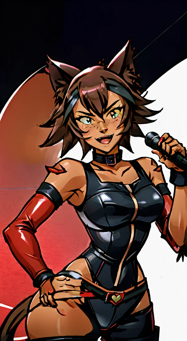 (Best quality, 4k, 8k, Ultra HD, High resolution, masterpiece:1.2), Catra as Mettaton, full spandex/latex attire (reds and blacks), neon lights, flawless makeup, happy singing pose, cat ears, fierce expression, long hair, simple greyscale background, sleek design, captivating stage presence, captivating red lipstick, confident stance, fashion model, anime glasses, anime tinted red shades, black latex pants, black latex corset, holding a large stage microphone, performance microphone, black microphone, singing stance, extremely tight corset, red bow tie around neck, medium nougat-skin color, heart-shaped silver belt buckle, long slick cat tail, thick armored metal belt, heart on armored red chestplate, long hair, brown hair, heavily armored black cuirass, chest encased in armor, black turtleneck armored, wide hips, brown hair, thick flowing brown hair,black undersuit, white mascot gloves, cuffed gloves
