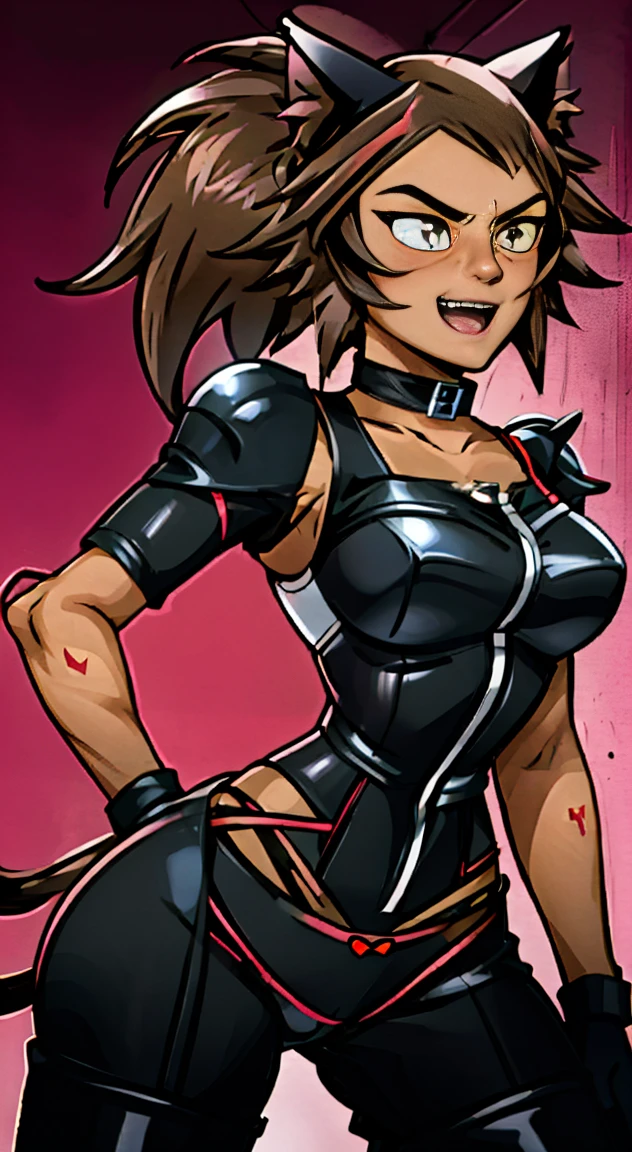 (Best quality, 4k, 8k, Ultra HD, High resolution, masterpiece:1.2), Catra as Mettaton, full spandex/latex attire (reds and blacks), neon lights, flawless makeup, happy singing pose, cat ears, fierce expression, long hair, simple greyscale background, sleek design, captivating stage presence, captivating red lipstick, confident stance, fashion model, anime glasses, anime tinted red shades, black latex pants, black latex corset, holding a large stage microphone, performance microphone, black microphone, singing stance, extremely tight corset, red bow tie around neck, medium nougat-skin color, heart-shaped silver belt buckle, long slick cat tail, thick armored metal belt, heart on armored red chestplate, long hair, brown hair, heavily armored black cuirass, chest encased in armor, black turtleneck armored, wide hips, brown hair, thick flowing brown hair,black undersuit, white mascot gloves, cuffed gloves
