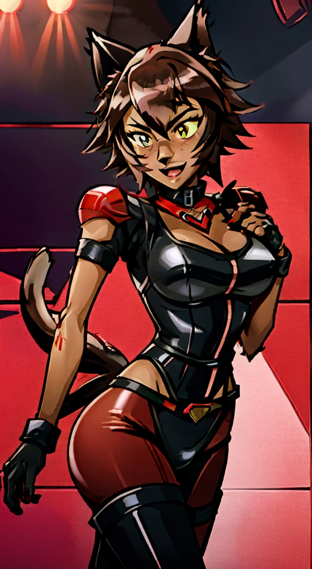 (Best quality, 4k, 8k, Ultra HD, High resolution, masterpiece:1.2), Catra as Mettaton, full spandex/latex attire (reds and blacks), neon lights, flawless makeup, happy singing pose, cat ears, fierce expression, long hair, simple greyscale background, sleek design, captivating stage presence, captivating red lipstick, confident stance, fashion model, anime glasses, anime tinted red shades, black latex pants, black latex corset, holding a large stage microphone, performance microphone, black microphone, singing stance, extremely tight corset, red bow tie around neck, medium nougat-skin color, heart-shaped silver belt buckle, long slick cat tail, thick armored metal belt, heart on armored red chestplate, long hair, brown hair, heavily armored black cuirass, chest encased in armor, black turtleneck armored, wide hips, brown hair, thick flowing brown hair,black undersuit, white mascot gloves, cuffed gloves
