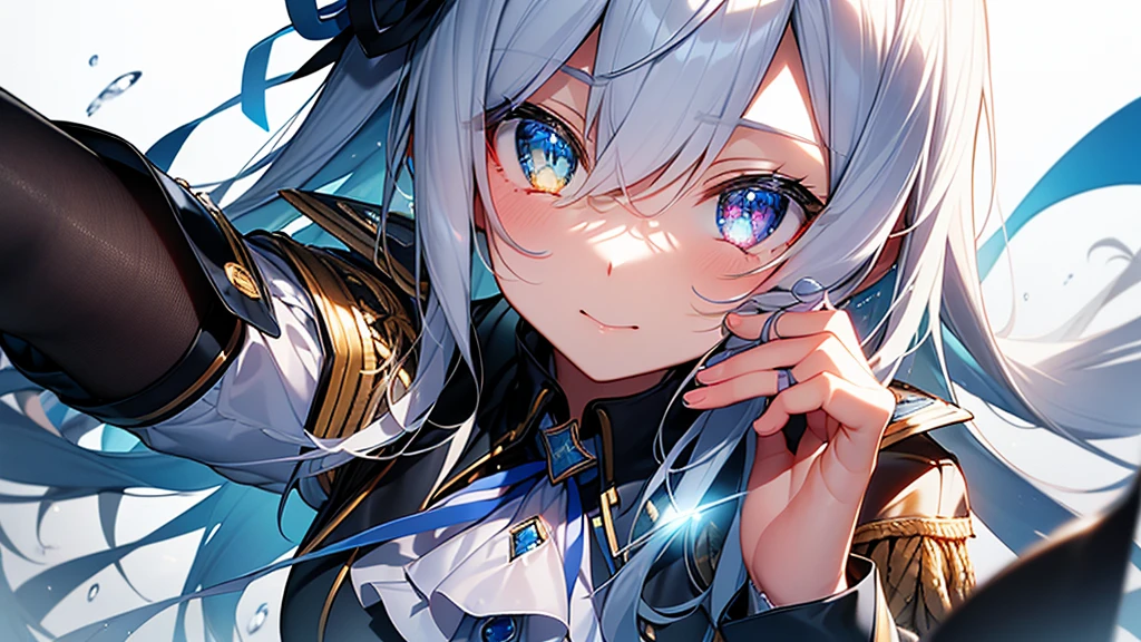 Best quality、Photorealistic、Ultra-detailed、delicate、Orderly、High Detail、Bluish Silver Short Bob、(Drooping heterochromia iris,glowing eyes、Sparkling Eyes:1.3)、slender、(One girl:1.2)、(Light blue military uniform
、Pantyhose、Jacket with collar and ribbon、ダイナミックポーズ、ダッチアングル:1.3)、