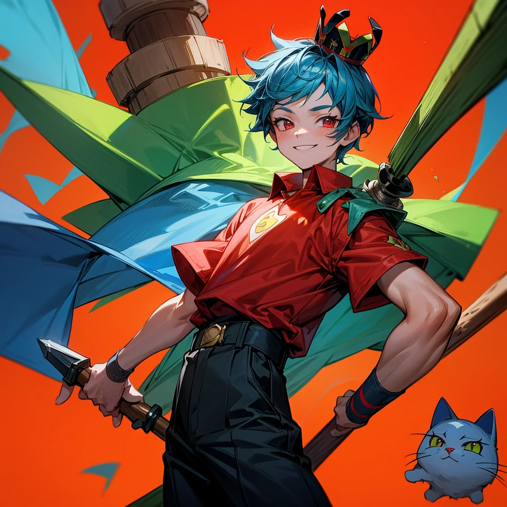 Create a boy, a 10-year-old who has a blue, red, green and yellow crown that has the symbol of the reverse of one on the ends and he has some bricklaying tools on his back, a mini kitten on his shoulder, a red shirt with a very cute cat on the print and have black pants and very bright red eyes and a big, beautiful smile