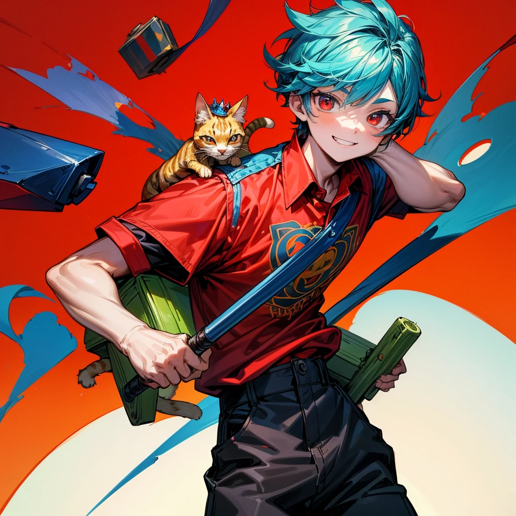 Create a boy, a 10-year-old who has a blue, red, green and yellow crown that has the symbol of the reverse of one on the ends and he has some bricklaying tools on his back, a mini kitten on his shoulder, a red shirt with a very cute cat on the print and have black pants and very bright red eyes and a big, beautiful smile