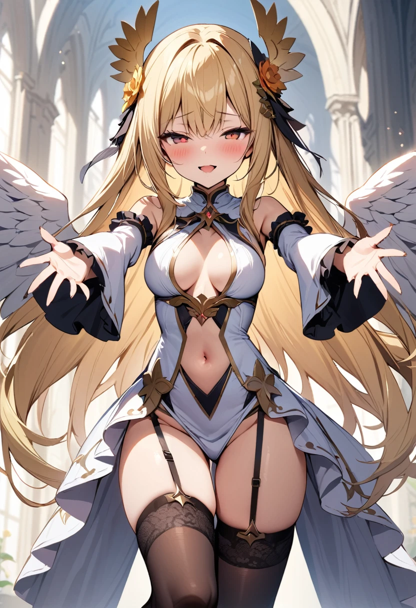 masterpiece, best quality, solo, 1girl, blonde-hair, wings, thighhighs, (very-long-hair), smile, wide-sleeves, navel, hair-ornament, blush, looking-at-viewer, detached-sleeves, open-mouth, frills, outstretched-arms, black-thighhighs, dress, oragen-eyes, half-closed-eyes, long-sleeves, bangs, breasts, center-opening, standing, angel-wings, white-wings, garter-straps, flower, parted-lips, bare-shoulders, navel-cutout
