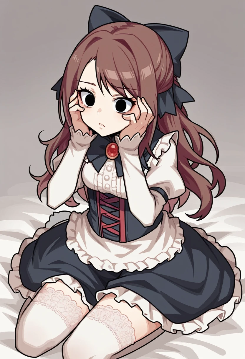 score_9, score_8_up, score_7_up, source_anime, BREAK, (((yew))), brown hair, black eyes, hair bow, ta, loliashion, lace stockings, hands on face, sitting