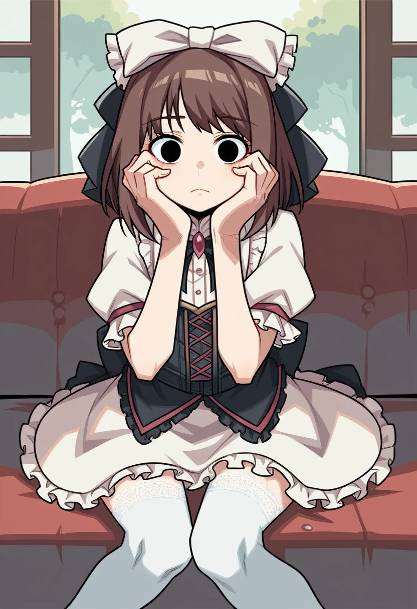 score_9, score_8_up, score_7_up, source_anime, BREAK, (((yew))), brown hair, black eyes, hair bow, ta, loliashion, lace stockings, hands on face, sitting