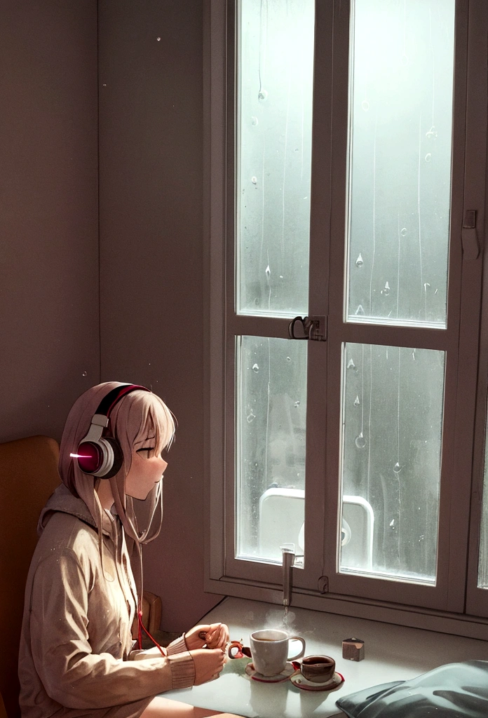Lofi Song, sitting on the bed. looking at the window, having a coffee. listening to music on headphones, while looking out the window and seeing the rain falling
