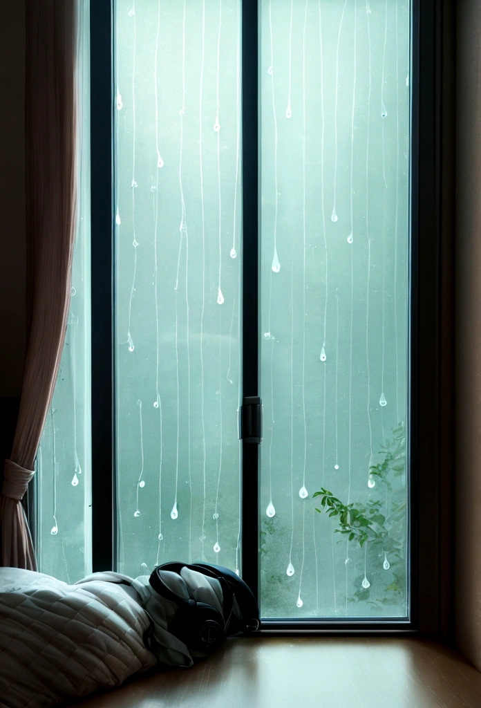 Lofi Song, sitting on the bed. looking at the window, having a coffee. listening to music on headphones, while looking out the window and seeing the rain falling