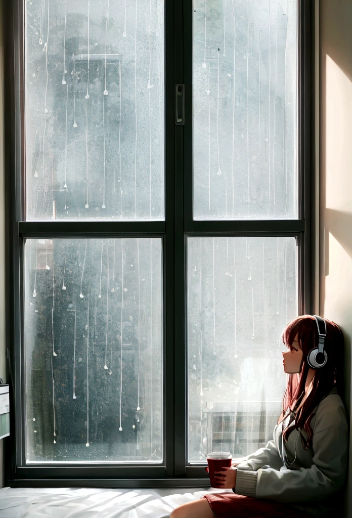 Lofi Song, sitting on the bed. looking at the window, having a coffee. listening to music on headphones, while looking out the window and seeing the rain falling