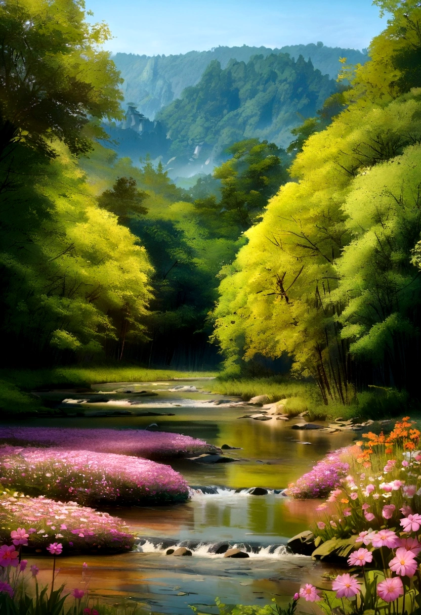 Natural landscape with flowers and rivers and a stilt house