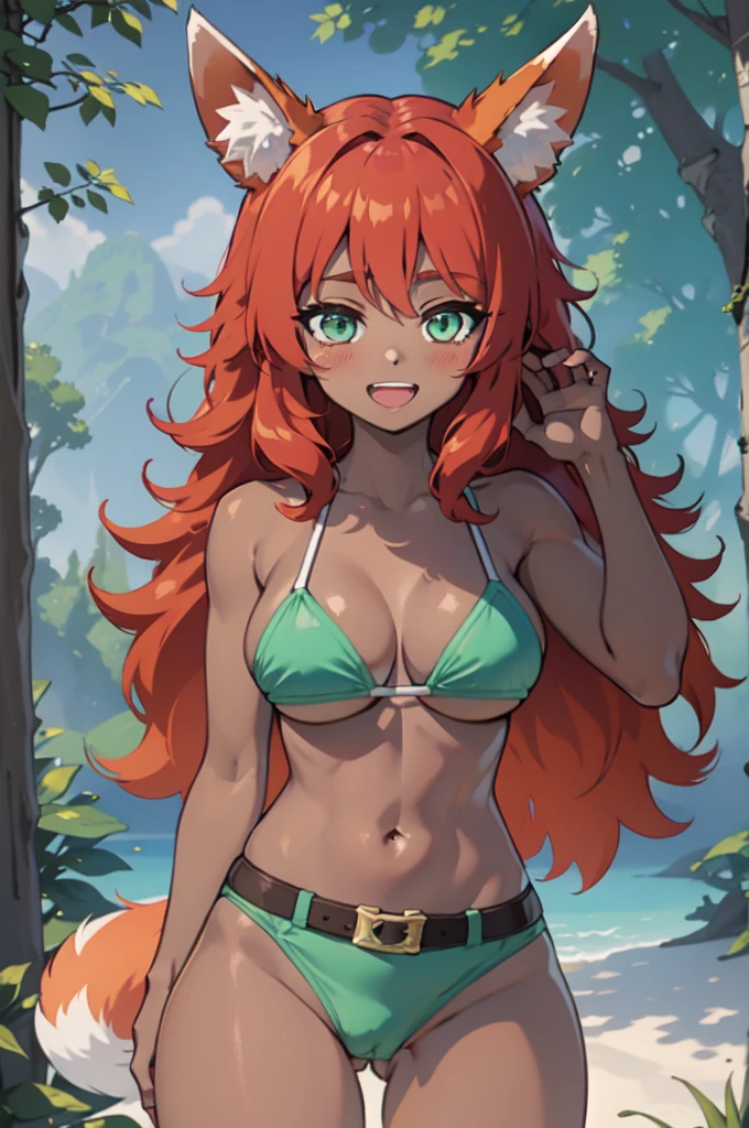 masterpiece, best quality, highres, zoo1,thin, narrow waist, green eyes, bangs, orange hair, very long hair, fox tail, dark skin, fox girl, tank top, green micro bikini, belt, forest, cowboy shot, ABS,upper body, smile, pov, (blushes 1.5), strong orgasm, underboob,The genitals stick out through the clothes, 