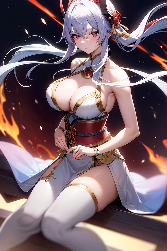 an adult anime-style girl named Tomoe Gozen (to know) showing a friendly smile ,presents an impressive and powerful appearance. It is 2 kilometers high, she holds a galaxy with her hand, showing her great multiversal power she is sitting on a planet measuring the cosmos, she has nothing on her head. She wears swimwear decorated with traditional Japanese light blue motifs with gold details that give it a distinctive touch.. His grayish albino hair is tied up in an elaborate hairstyle that complements his warrior appearance.. She has huge O cup breasts. His reddish eyes shine with determination and strength., showing his indomitable spirit in combat. He has 2 swords, one sword is covered in red fire and the other sword is covered in blue fire and both swords are shown with a fighting style with both swords