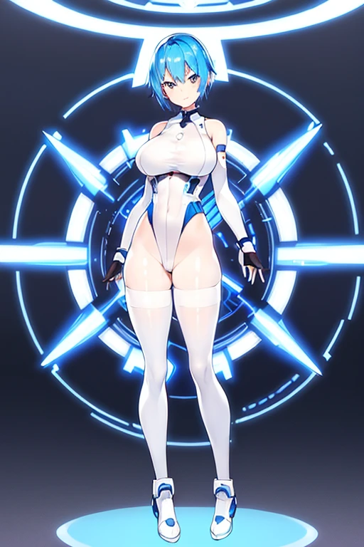 1girl, blue hair, light skin, white skin, light-skinned female, very short hair, smile, breasts, leotard, white leotard, pantyhose, black pantyhose, neon, futuristic, science-fiction, full_body, ((full body)), mature female, hourglass figure, large breasts, machinery, tech, neon trim