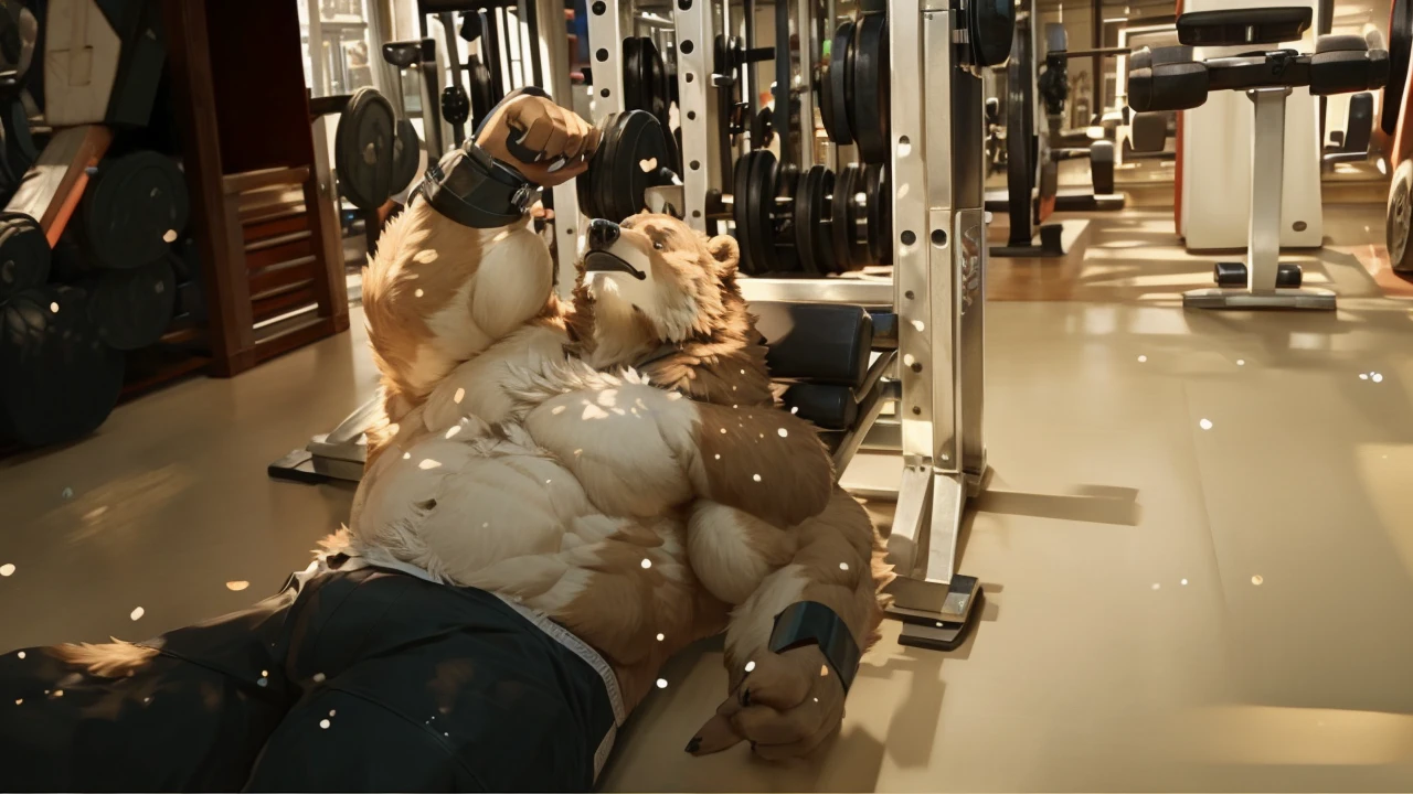 solo, kemono, Grizzly Bear, anthro, muscular, male, brown fur, furry, black shorts, shirtless and topless, black wristbands, gym, butterfly chest workout, lying on the bench, chest flyes, gym equipments, workout, 2D Disney art, perfect lighting, (light particles), (best quality), (masterpiece), (ultra detailed), sharp focus, light particles