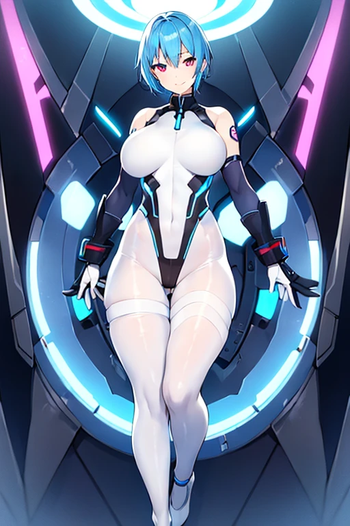 1girl, blue hair, light skin, white skin, light-skinned female, very short hair, smile, breasts, leotard, white leotard, pantyhose, black pantyhose, neon, futuristic, science-fiction, full_body, ((full body)), mature female, hourglass figure, large breasts, machinery, tech, neon trim