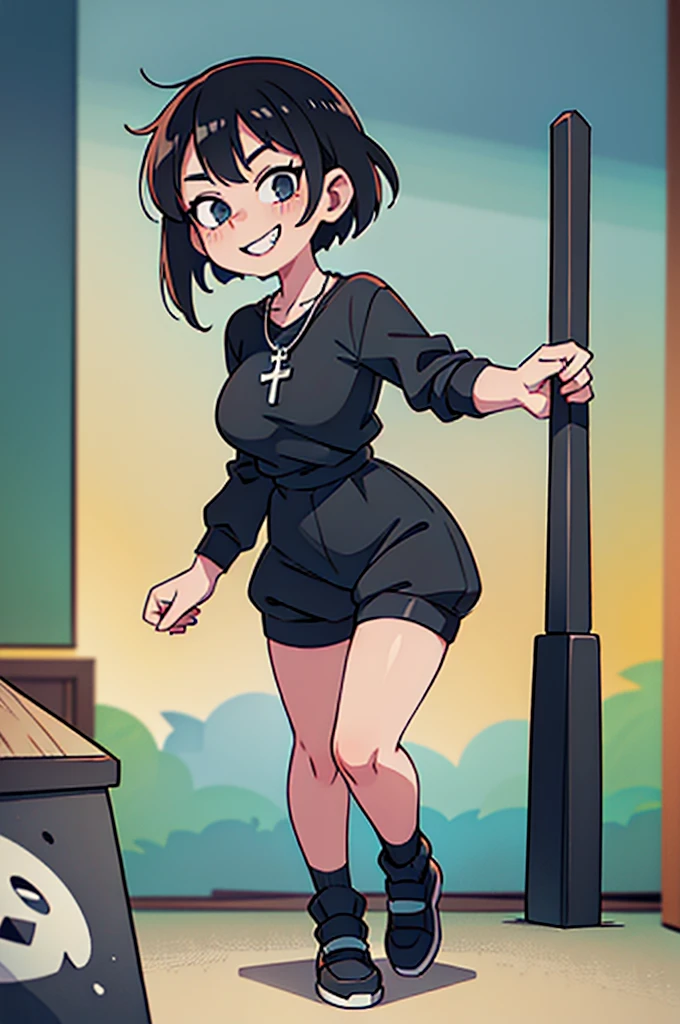 (Masterpiece) (High Detail) (High Res) (white Skin) (アニメ) (Full body picture) beautiful young, gigante breasts, Gothic style, black sweatshirt, black shorts black clothes, bruncos, cross necklace, Grinning, looking from the front, black short hair