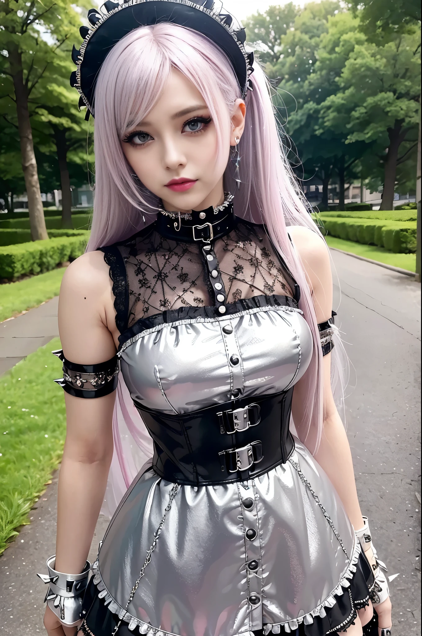 sexy and elegant swedish model, only 1 female, ((doll appearance)), long sleek neon pink hair, ((shiny punk style boots)), (big smile), Ultra detailed eyes, punk makeup, lipgloss, ((cosplay sexy punk lolita)), unconventional skirt, petticoat, High neckline, ((Ultra detailed lace)), ((ultra detailed embroidery)), intricate details, tartan patterns, (silver chains), (Silver Peaks), (not to be missed), Punk lolita accessories, Punk lolita choker, ((Big, shiny Punk Lolita jewelry)), cinematic light, detailed background of a large park with trees