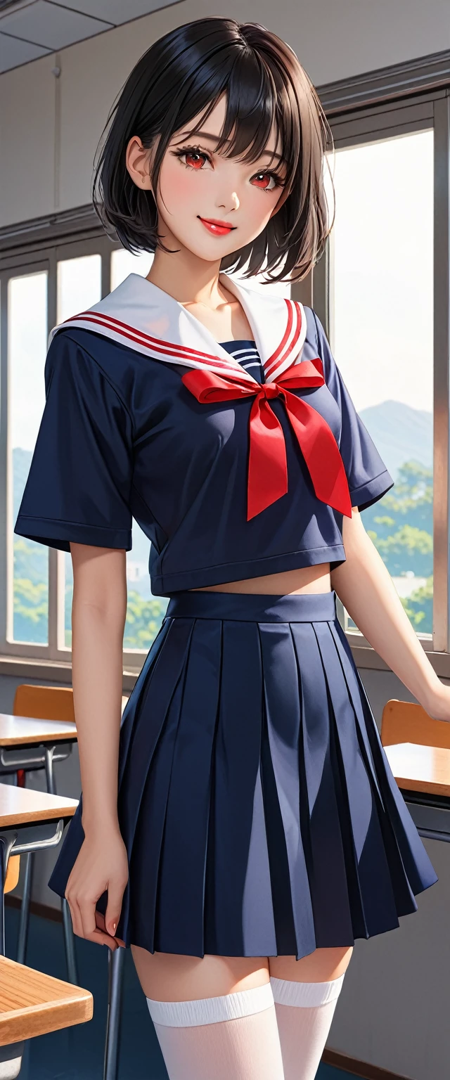 Highest quality、High resolution、Detailed Background、Beautiful face in every detail、age beauty、Detailed red eyes、Realistic、Perfect body line、Black Hair、Braided bob cut、well-groomed eyebrows、Cute Lip Makeup、Calm atmosphere、A short-sleeved shiny dark sailor suit、White sailor collar、Navy blue pleated skirt、Red ribbon、White Stockings、Standing by the window of a classroom、He looked at me with a happy expression.、Cute gestures、so beautiful