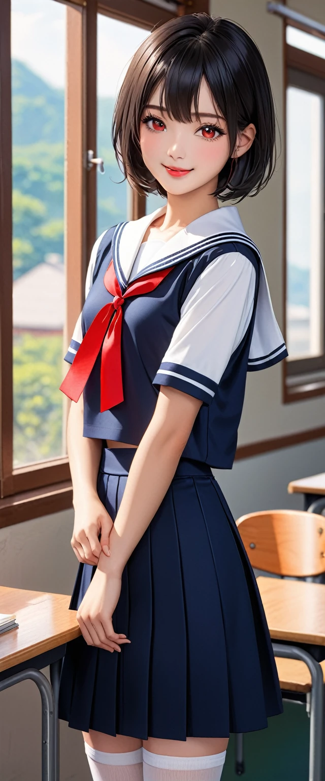 Highest quality、High resolution、Detailed Background、Beautiful face in every detail、Teenage beauty、Detailed red eyes、Realistic、Perfect body line、Black Hair、Braided bob cut、well-groomed eyebrows、Cute Lip Makeup、Calm atmosphere、A short-sleeved shiny dark sailor suit、White sailor collar、Navy blue pleated skirt、Red ribbon、White Stockings、Standing by the window of a classroom、He looked at me with a happy expression.、Cute gestures、so beautiful