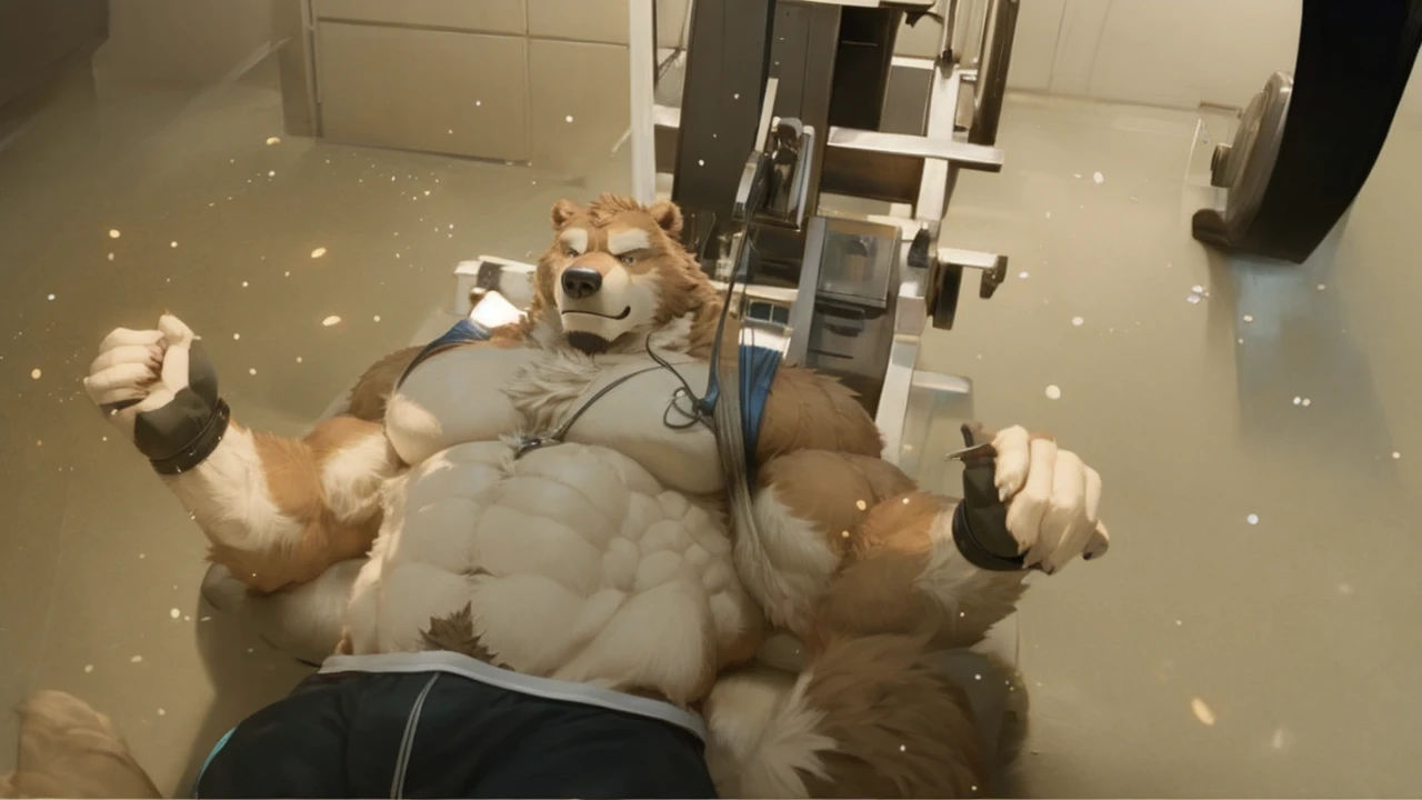 solo, kemono, Grizzly Bear, anthro, muscular, male, brown fur, furry, black shorts, shirtless and topless, black wristbands, gym, cable flyes, lying on the bench, chest flyes, gym equipments, workout, 2D Disney art, perfect lighting, (light particles), (best quality), (masterpiece), (ultra detailed), sharp focus, light particles