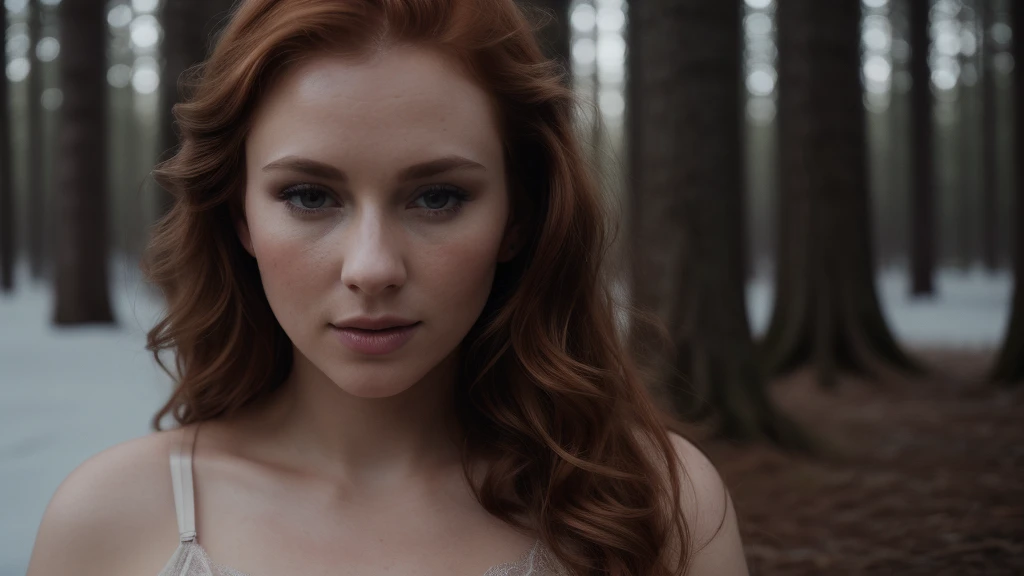 sensual woman, lingerie, close up of a (european woman), (ginger hair), (winter forest), natural skin texture, 24mm, 4k textures, soft cinematic light, RAW photo, photorealism, photorealistic, intricate, elegant, highly detailed, sharp focus, ((((cinematic look)))), soothing tones, insane details, intricate details, hyperdetailed, low contrast, soft cinematic light, dim colors, exposure blend, hdr, faded