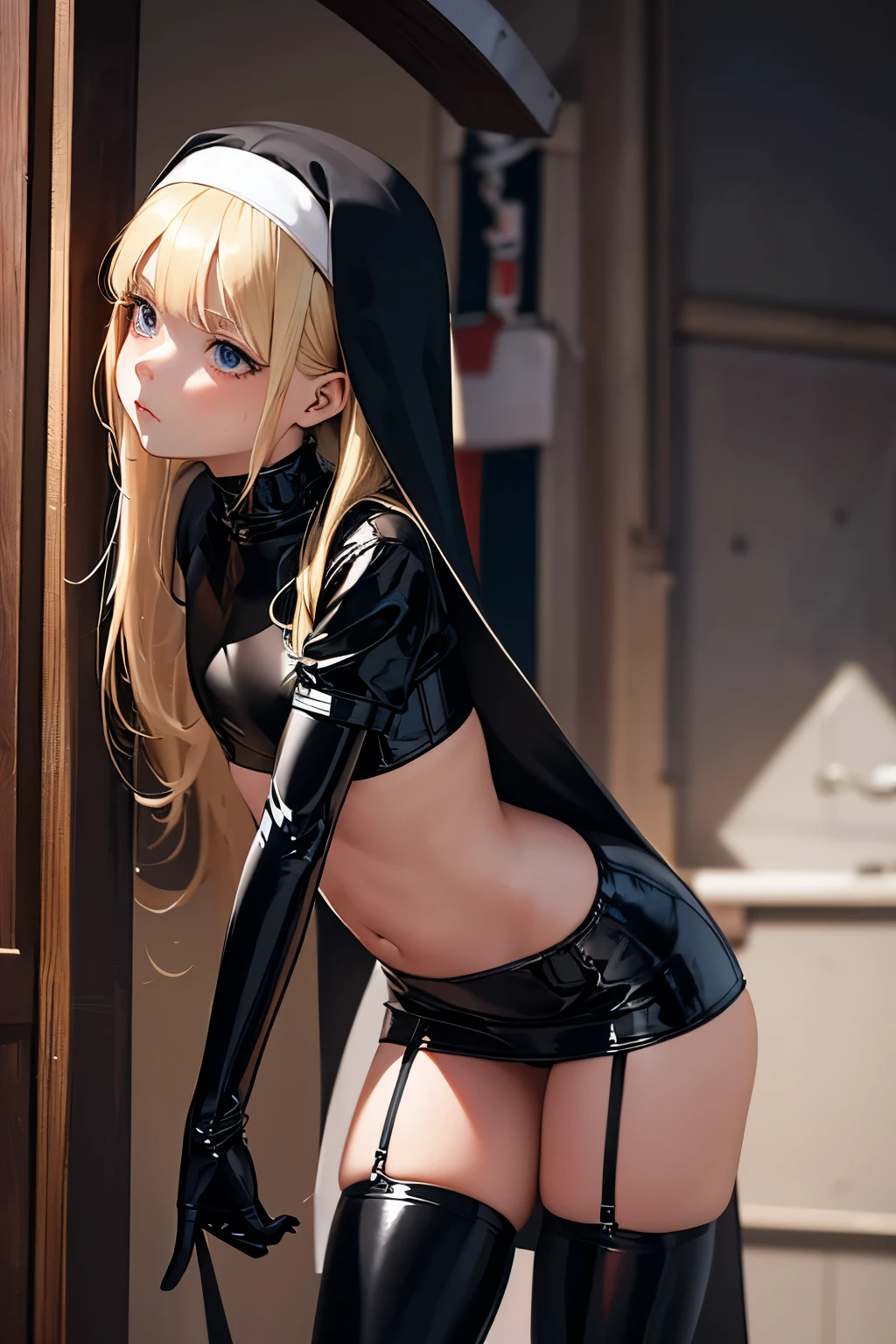 Ultra realistic girl 8 , childshi , long blonde hair frinje , nun , disgusted , latex , lingerie thong pantie ,garterbelt long socks , Gloves , inocent , standing, dominatrix .