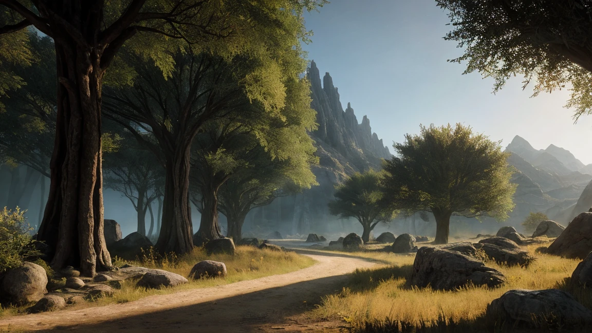 simple scenario, flat ass, few trees,passing stone, ultra detailed fantasy, some acacia trees, realisitic, dnd, RPG, Lotr game design fanart by concept art, behance hd, art station, deviantart, Global Illumination Radiating a Bright Aura Global Illumination Ray Tracing HDR Rendering in Unreal Engine 5