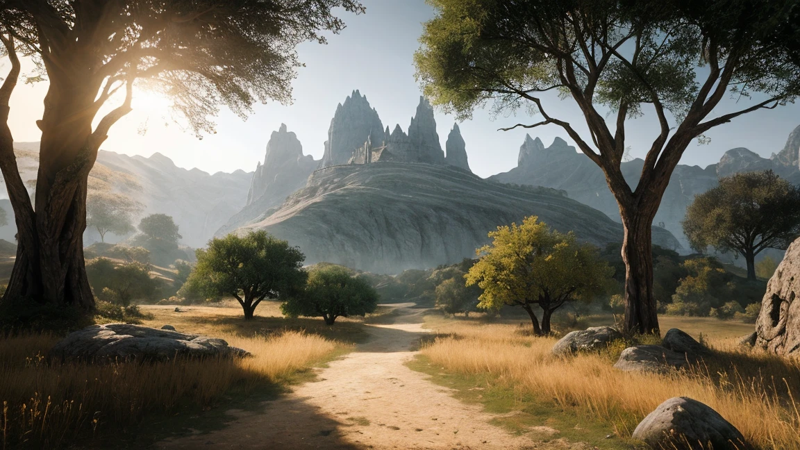 simple scenario, flat ass, few trees,passing stone, ultra detailed fantasy, some acacia trees, realisitic, dnd, RPG, Lotr game design fanart by concept art, behance hd, art station, deviantart, Global Illumination Radiating a Bright Aura Global Illumination Ray Tracing HDR Rendering in Unreal Engine 5