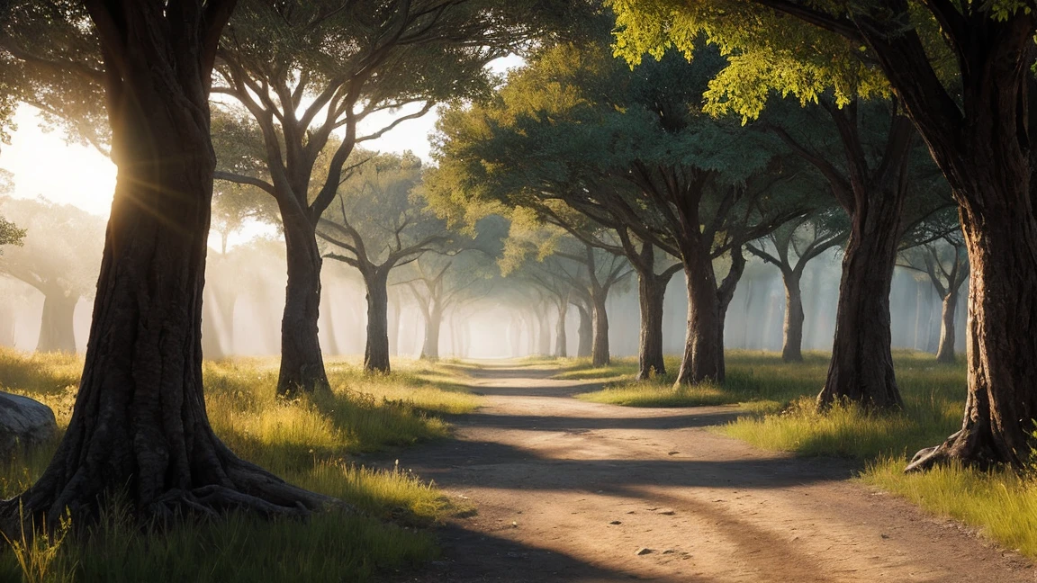 simple scenario, flat ass, few trees,passing stone, ultra detailed fantasy, some acacia trees, realisitic, dnd, RPG, Lotr game design fanart by concept art, behance hd, art station, deviantart, Global Illumination Radiating a Bright Aura Global Illumination Ray Tracing HDR Rendering in Unreal Engine 5