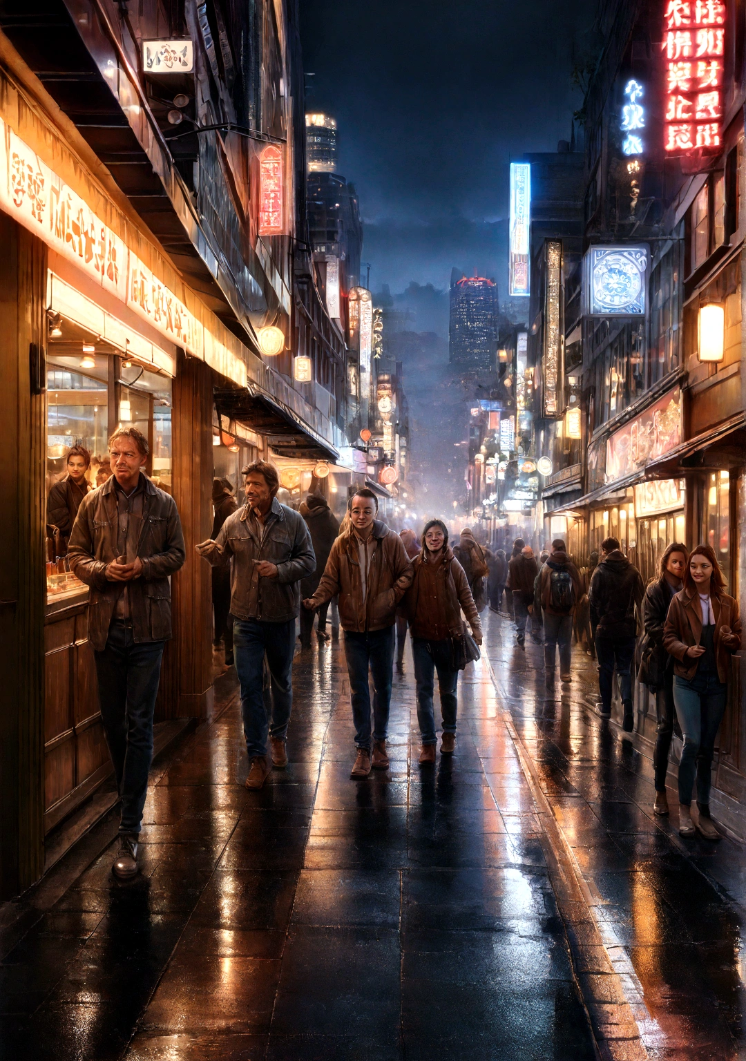 (Highest quality,4K,8K,High resolution,masterpiece:1.2),Super detailed,(Realistic,photoRealistic,photo-Realistic:1.37),Cityscape,Night view,Glowing Light,Reflection on wet pavement,Foggy atmosphere,Dynamic city life,Vibrant nightlife,Dark Shadows,Neon Signs,Flickering street lights,Sparkling skyscrapers,Colorful urban architecture,Busy streets and sidewalks,Traffic flows smoothly,Pedestrians walking with a purpose,Raindrops falling quietly,Shining drops of water on leaves and surfaces,The wet road reflects the city lights,Impressive Skyline,Moonlit sky with scattered clouds,The distant stars shine brightly,wood々A gentle breeze blowing through,風に揺れるヤシのwood,A cozy cafe with warm light flooding the street,person enjoying a meal々A lively restaurant with,Artist sketching a scene,Street performers entertaining passersby,Romantic couple walking hand in hand,Taxis and cars driving through busy streets,Night hustle and bustle,A quiet place hidden from the crowds,Stairs leading to an unknown destination,A sense of mystery and excitement in the air.