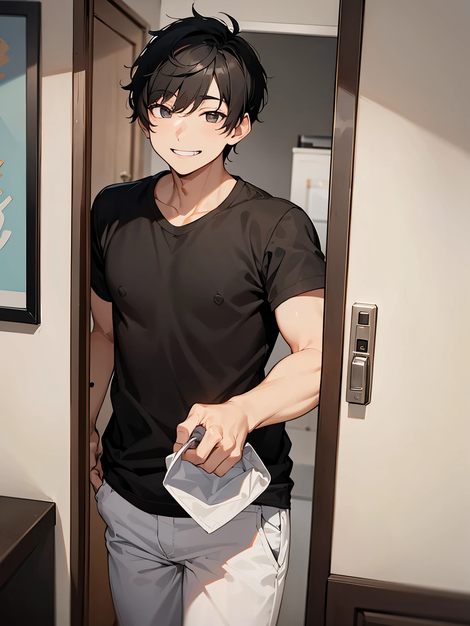 A man with short black hair wearing a black shirt opened the door to the apartment and came out.、Toothy smile、There's a blonde guy standing behind him.、White shirt