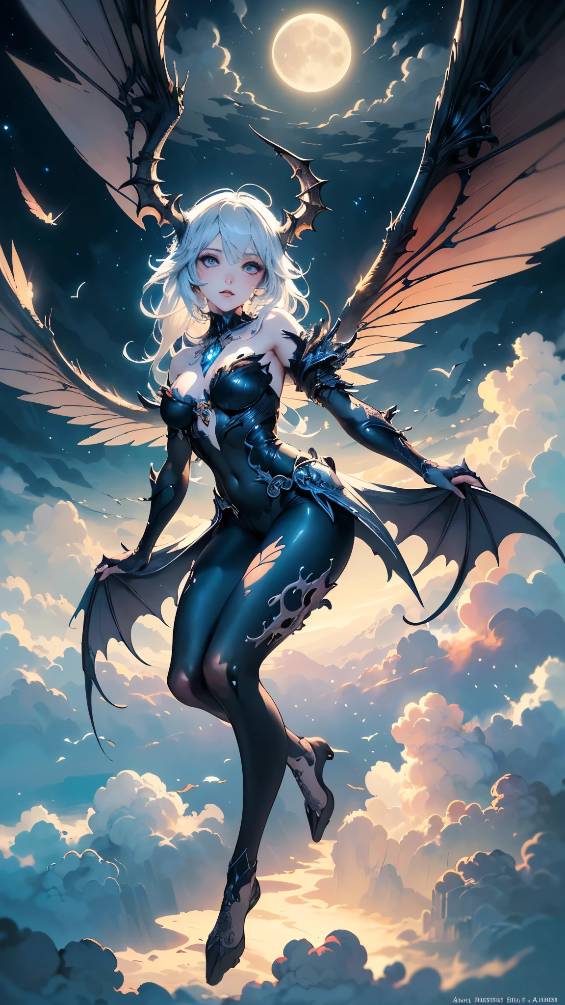 ((best quality)), ((masterpiece)), (detailed), alluring succubus, ethereal beauty, perched on a cloud, (fantasy illustration:1.3), enchanting gaze, captivating pose, delicate wings, symmetrical wings, otherworldly charm, mystical sky, (Luis Royo:1.2), (Yoshitaka Amano:1.1), moonlit night, warm colors, colorful, (detailed cloudscape:1.3), (high-resolution:1.2), (front view)