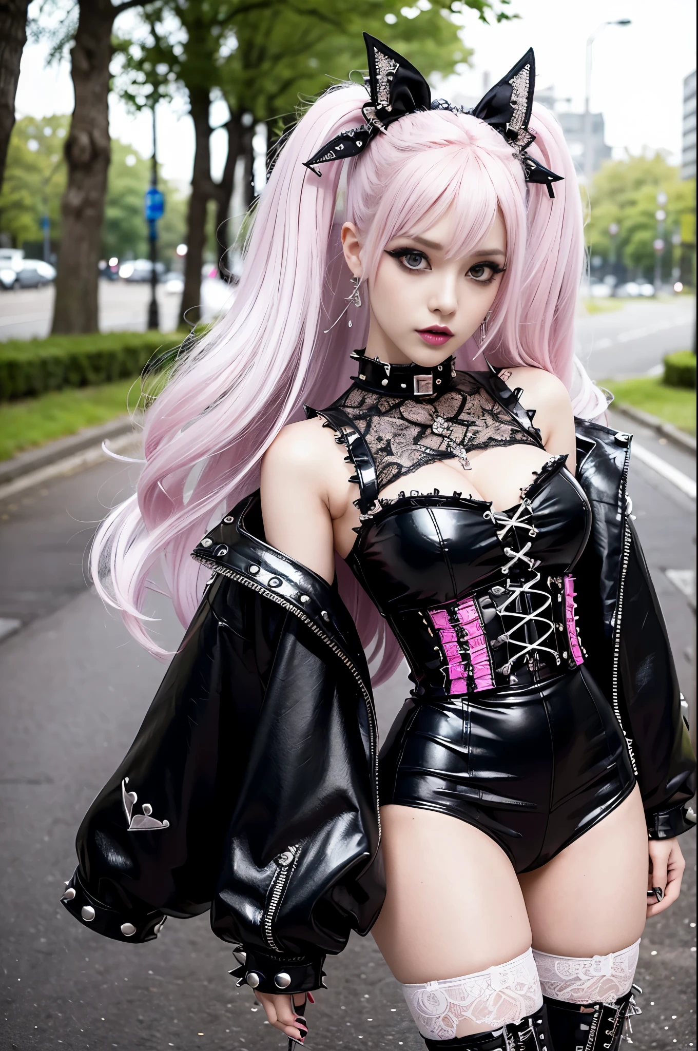 sexy and elegant swedish model, only 1 female, ((doll appearance)), long sleek neon pink hair, ((shiny punk style boots)), (big smile), Ultra detailed eyes, punk makeup, lipgloss, ((cosplay sexy punk lolita)), unconventional skirt, petticoat, High neckline, ((Ultra detailed lace)), ((ultra detailed embroidery)), intricate details, tartan patterns, (silver chains), (Silver Peaks), (not to be missed), Punk lolita accessories, Punk lolita choker, ((Big, shiny Punk Lolita jewelry)), cinematic light, detailed background of a large park with trees