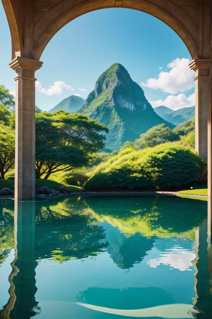 A captivating 3D rendering of the name "RHEALYN" crafted with luminous green stone, set against a breathtaking backdrop of a picturesque green landscape park. Towering mountains frame the scene, reaching towards a clear, navy blue sky. A pristine beach with soft sand and a mesmerizing water fountain adds to the enchanting atmosphere. Vibrant tulips in various species create a colorful contrast, while a serene pond mirrors the arrangement's beauty, reflecting radiant hues in gentle ripples. The soft breeze rustles the leaves, creating an ambiance of tranquility and harmony. This masterpiece, combing high-quality photography, digital style, 3D modeling, digital animation, generative and vector art, and more, showcases the perfect blend of nature, typography, and vibrant colors, in an anime, poster, photo, vibrant, portrait photography, anime, fashion, 3d render, cinematic, typography