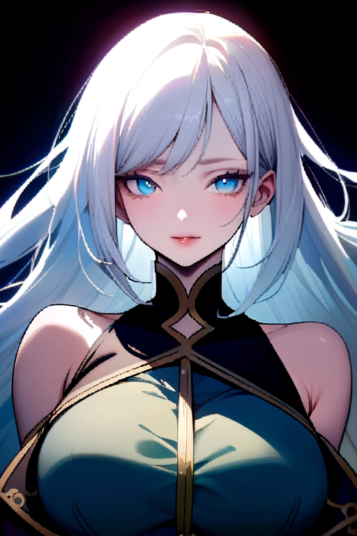 A woman with white hair and blue eyes and a large chest