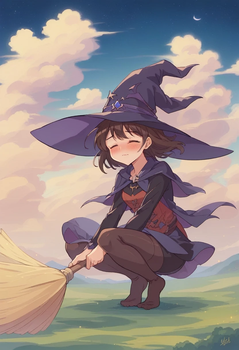 ((((空を飛ぶwitch))),((Ride a broom)),Straddling a broom,Fantasy,Beautiful light and shadow,Anatomically correct,masterpiece,Highest quality,最高masterpiece,8K,Use of magic,witch:witchの帽子:witchの衣装:Familiar,Wind,Fantasy,wonderful,An illustration,Digital Art,wonderful,wonderful,カラーAn illustration,Rich colors,Blushing,Eyes closed,Mouth closed,Holding the end of the broom tightly with both hands,slightly squatting,Both feet are on the ground