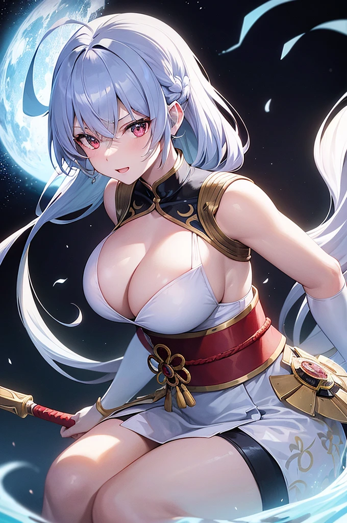 an adult anime-style girl named Tomoe Gozen (to know) showing a friendly smile ,presents an impressive and powerful appearance. It is 2 kilometers high, she holds a galaxy with her hand, showing her great multiversal power she is sitting on a planet measuring the cosmos, she has nothing on her head. She wears swimwear decorated with traditional Japanese light blue motifs with gold details that give it a distinctive touch.. His grayish albino hair is tied up in an elaborate hairstyle that complements his warrior appearance.. She has huge O cup breasts. His reddish eyes shine with determination and strength., showing his indomitable spirit in combat. He holds 2 swords, one sword is covered in red fire and the other sword is covered in blue fire and both swords are displayed in a fighting style.