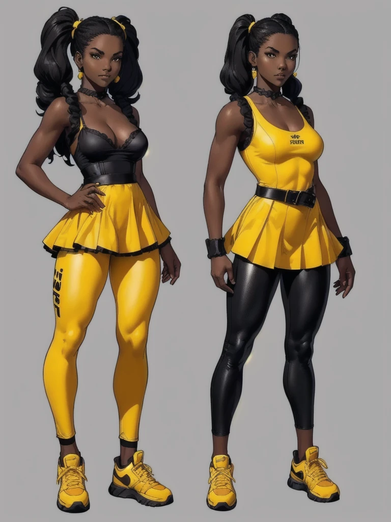 ((best quality)), ((4k)), ((highres)), ((masterpiece:1.2)). ((detailed)), ((ultra realistic)), ((intricate details)), ((full body picture)), ((character design sheet)), ((blank background)), ((standing in a blank background)), full body shot of a beautiful black female, ebony beauty, woman, 18 years old girl, dark brown skin, about 5'5 ft. tall, bushy black hair, high pigtails, dressed in a yellow babydoll dress, black leggings and sneakers, fighting game character design, tekken character design, the king of fighters character concept art, character concept art, full body, 18 years old female fighter